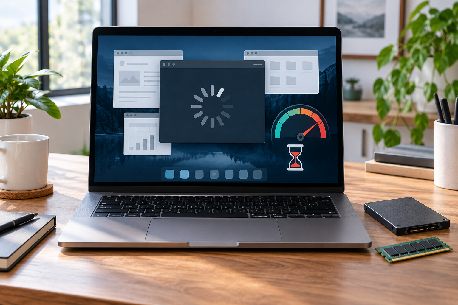 Notebook em diagnóstico de desempenho, com SSD e memória RAM sobre a mesa