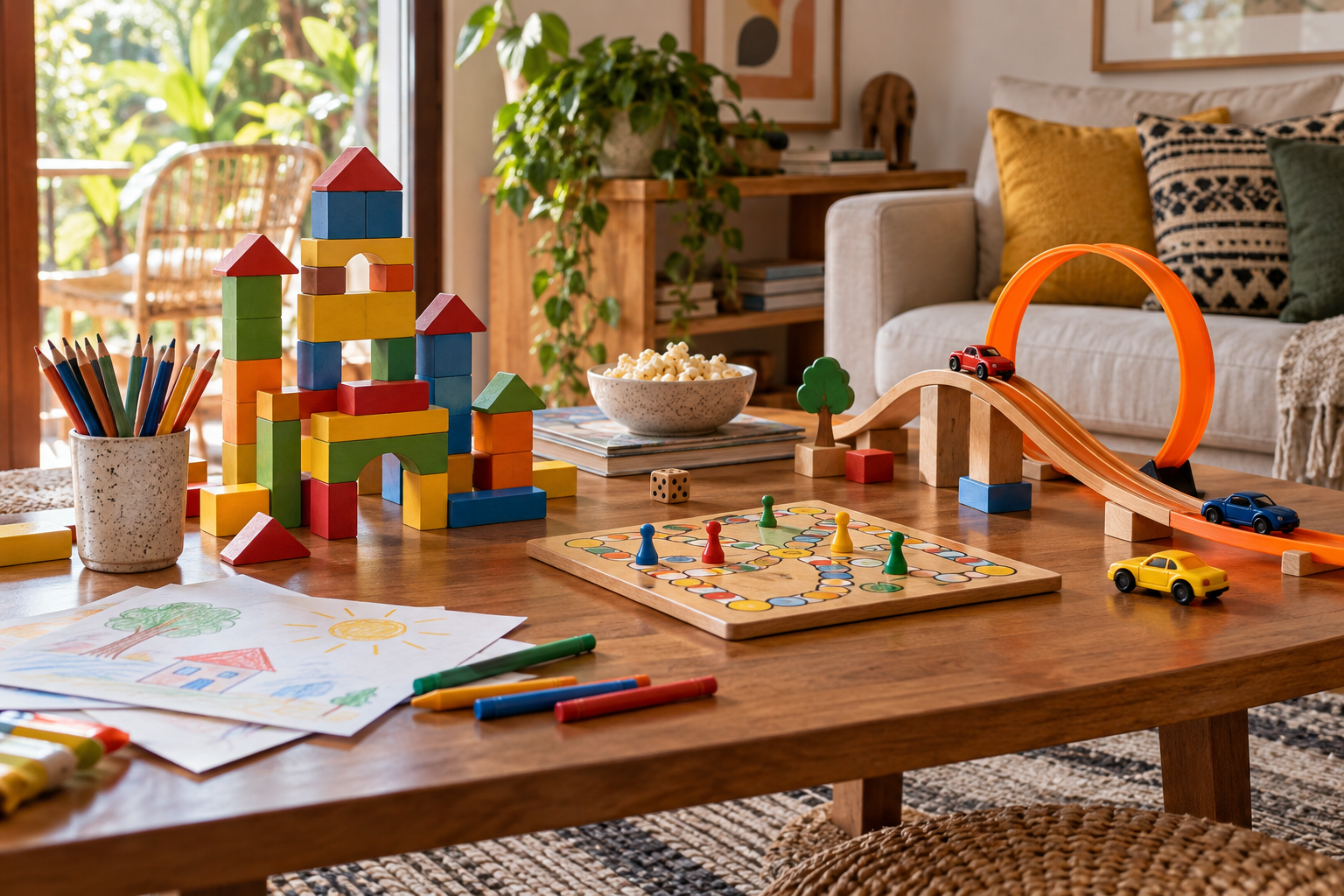 Brinquedos de montar, jogo de tabuleiro e materiais de arte sobre uma mesa em casa