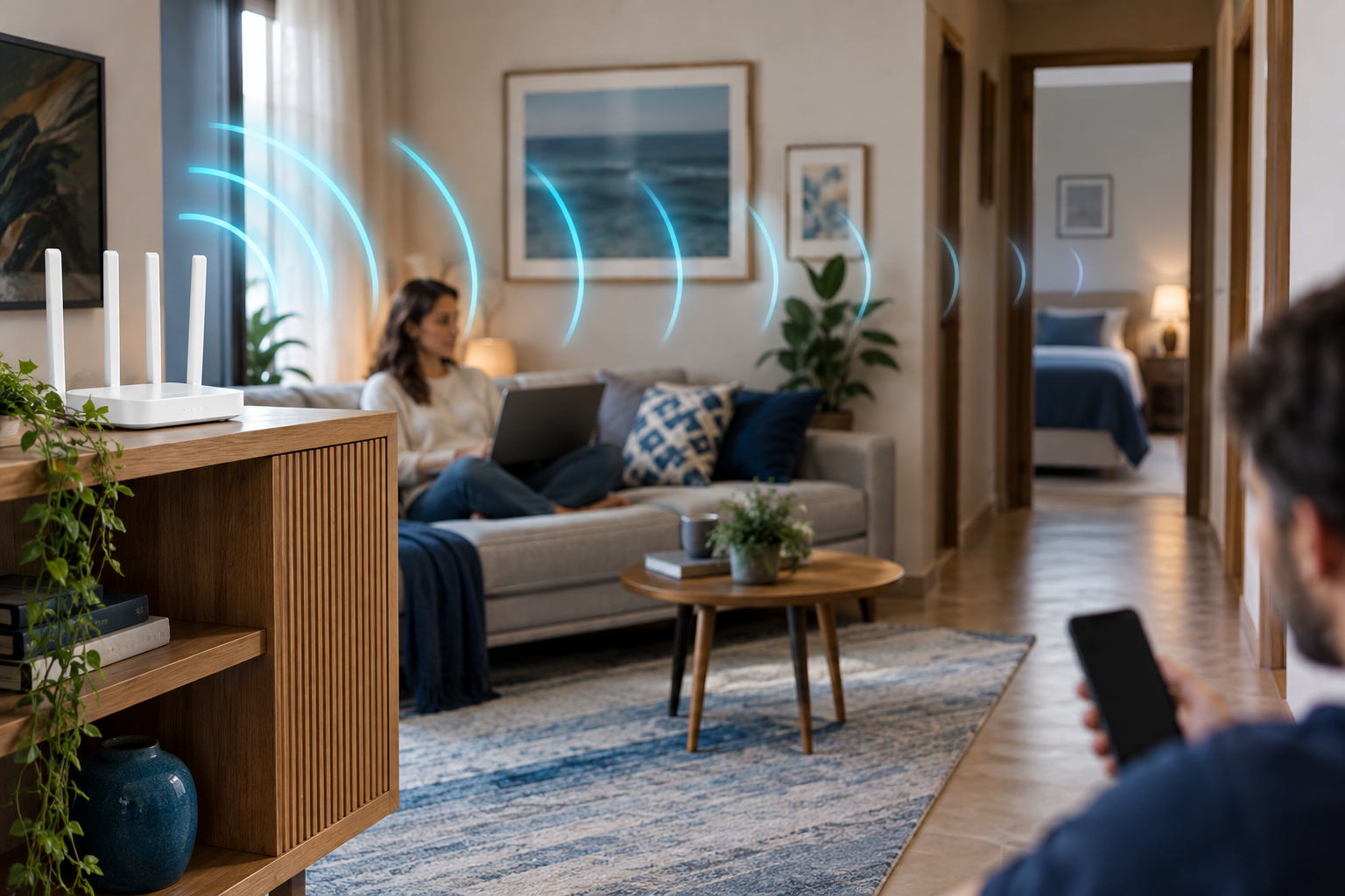 Roteador distribuindo sinal de Wi-Fi pela sala e até um quarto mais distante